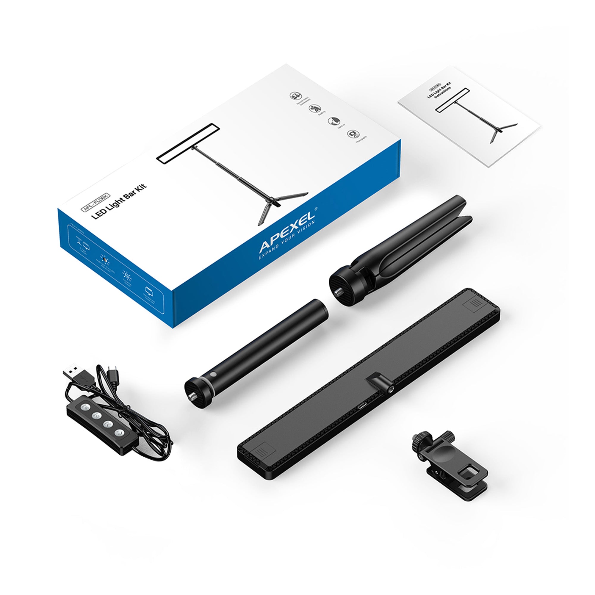 Bara Led Studio Apexel,  Reglabila, Multifunctionala, Trepied, 2500K-9000K, USB-C
