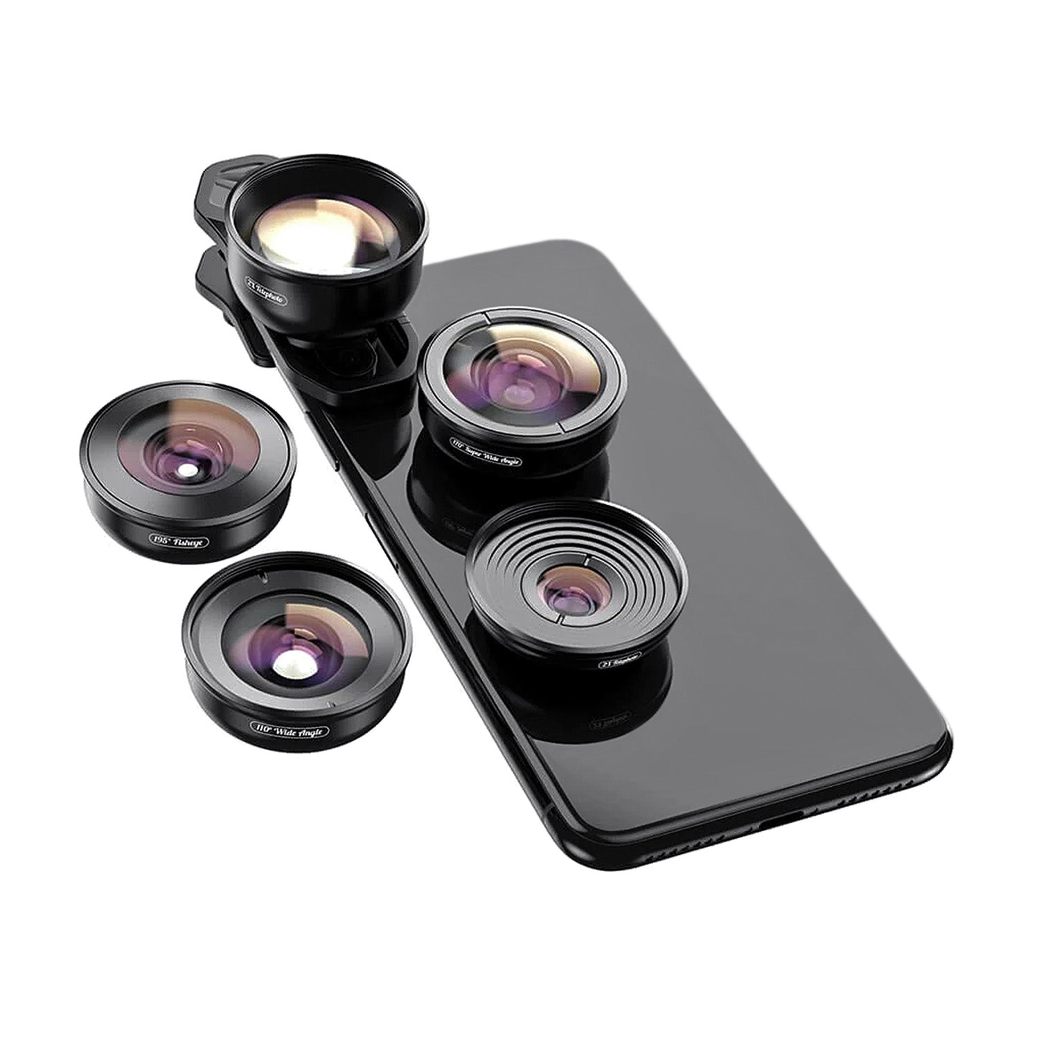 Kit lentile telefon Apexel 5 in 1 cu 10X Macro, 2X Telephoto, Wide Angle, Super Wide, Fisheye si clip universal