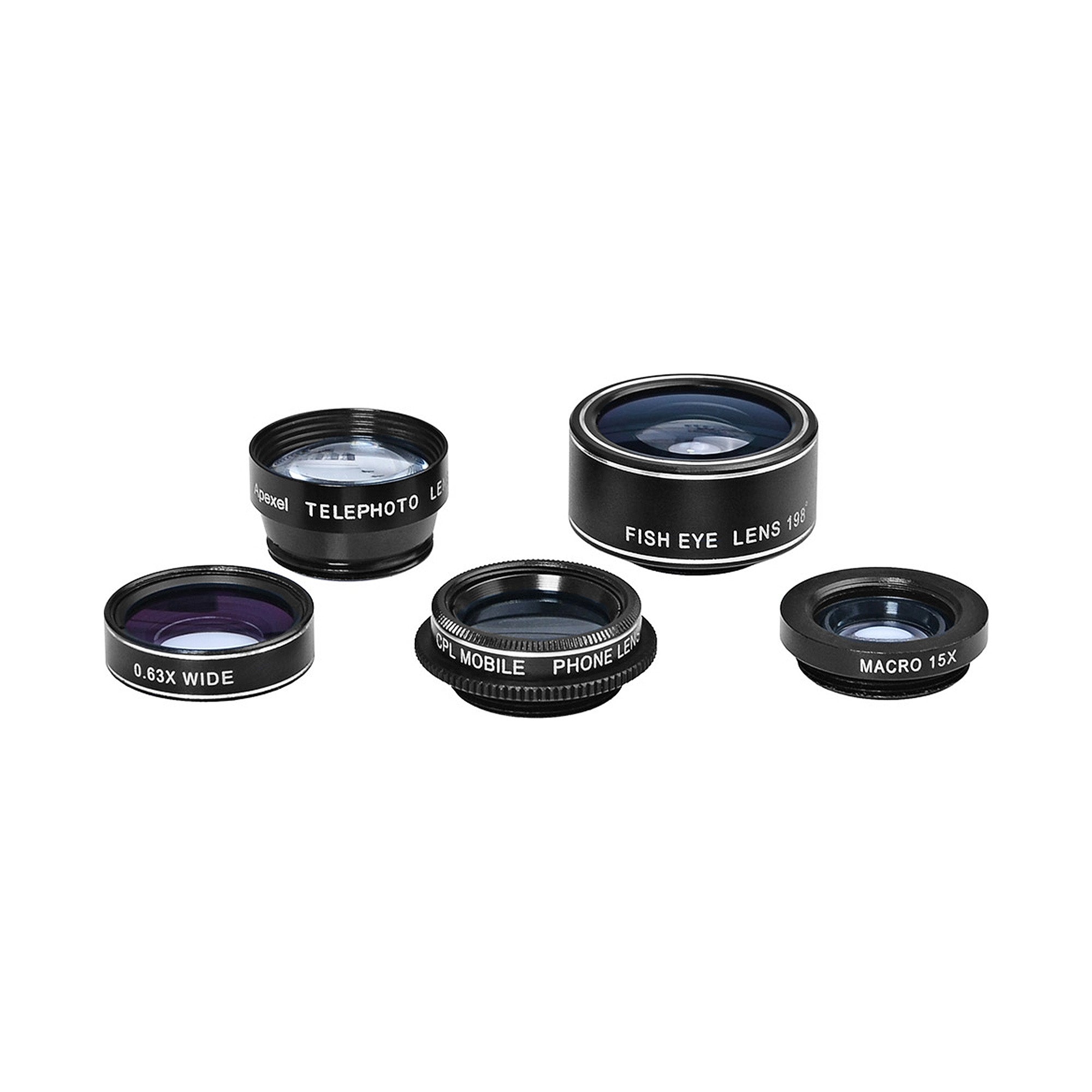 Set 5in1 Lentile Telefon, Apexel, Macro 15X, Wide Angle, CPL, Clip Universal