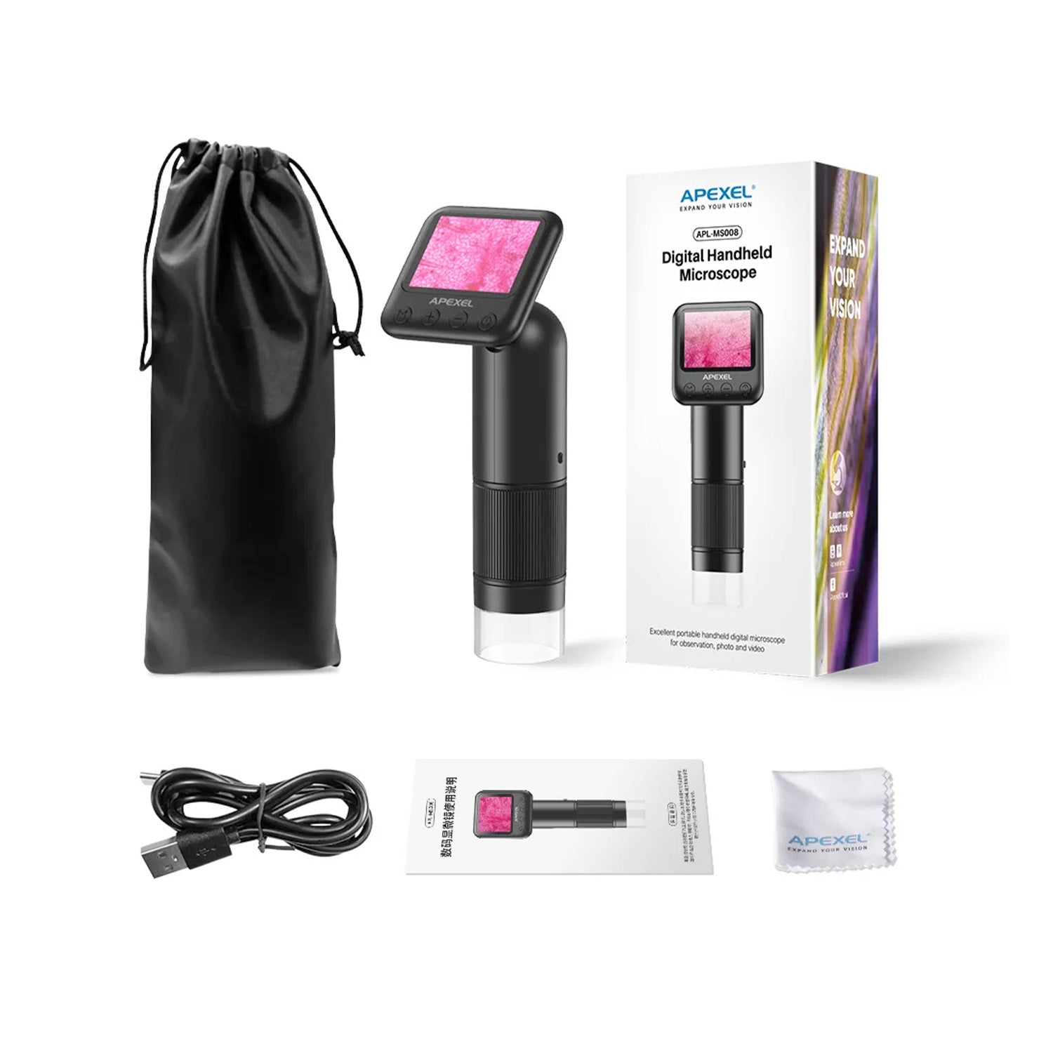 Microscop Digital HD, Apexel, 400-800X, Display IPS, LED, Slot Card, Negru