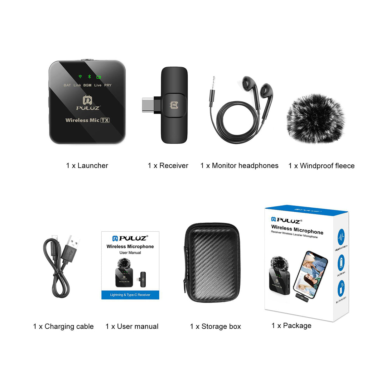 Microfon Lavaliera Wireless PULUZ pentru Telefon Type-C - Receptor Type-C, Reducere Zgomot ENC, Negru