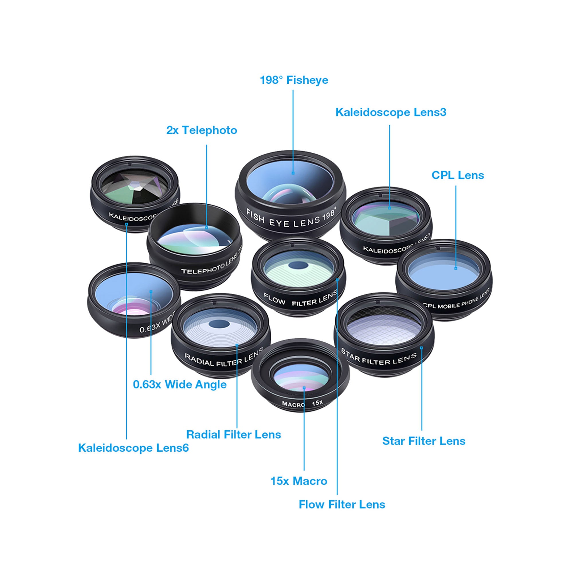 Apexel 10 in 1 Phone Lens Kit pentru smartphone, cu lentile wide, macro, fisheye, telephoto, kaleidoscope si filtre foto