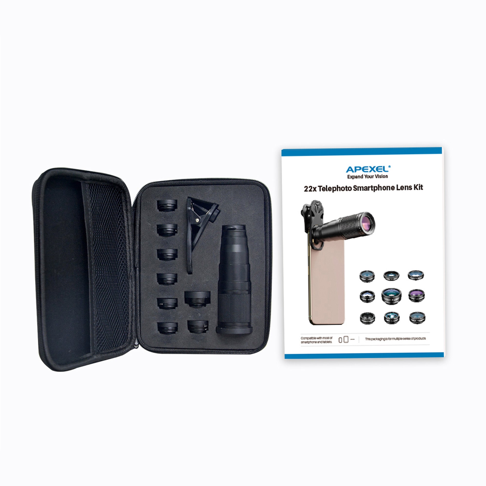 Apexel 22X 10 in 1 Phone Lens Kit pentru smartphone, potrivit pentru travel, macro, lumini de noapte si continut social media