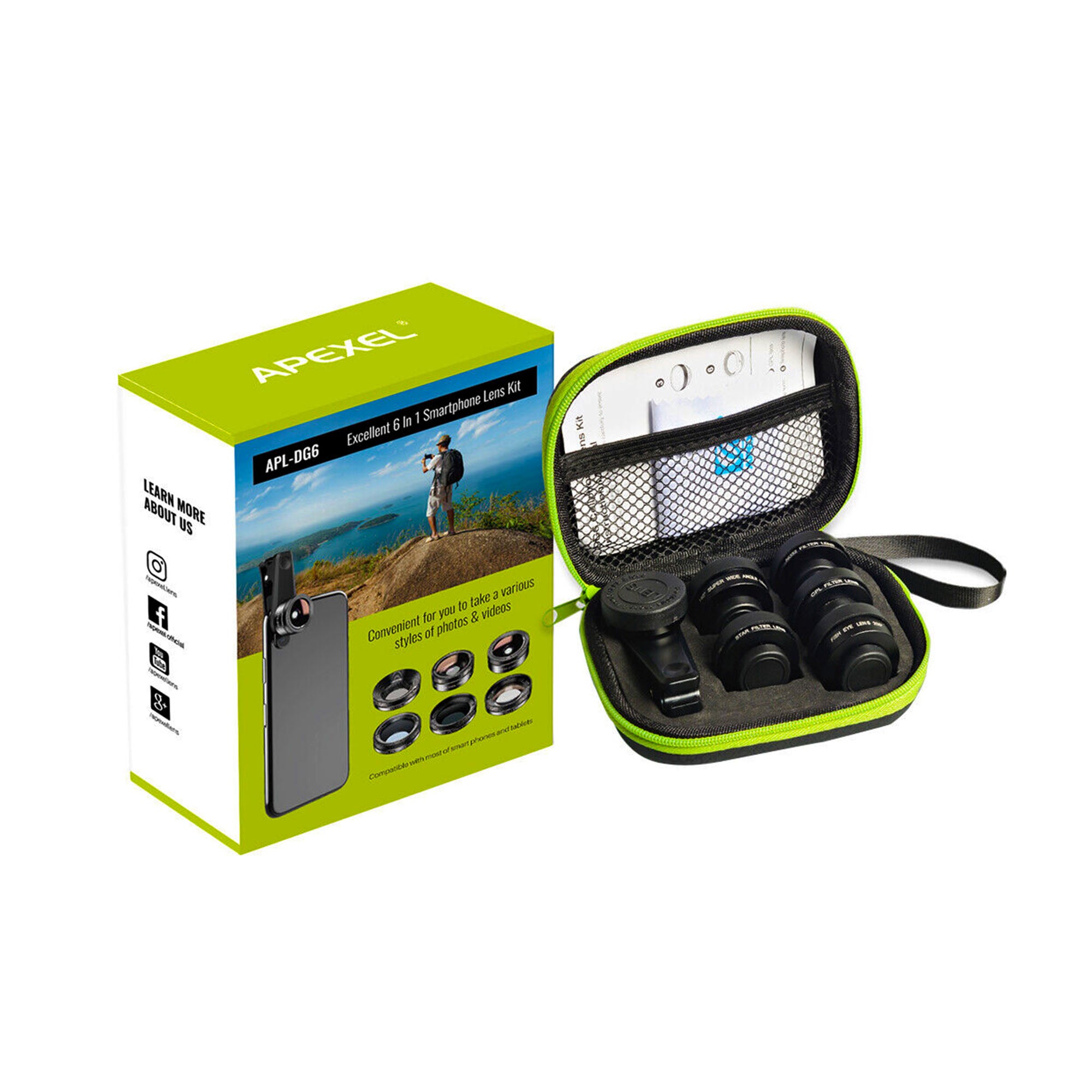 Set Apexel 6 in 1 pentru smartphone cu filtre ND32, CPL, Star si lentile Wide, Fisheye si Macro