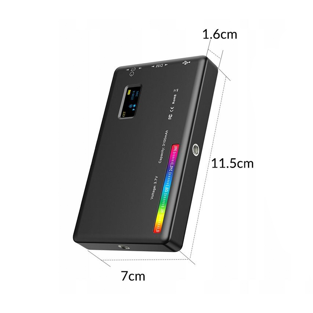 Lumina portabila Apexel FL07 cu dimensiuni compacte 11.5 x 7 x 1.6 cm si greutate aproximativa 130 g