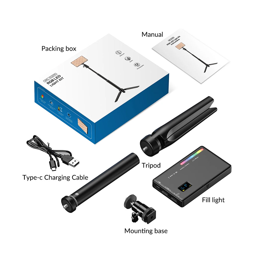 Kit complet Apexel FL07 RGB LED Light cu lumina video, cablu Type-C, trepied extensibil, ball head si manual