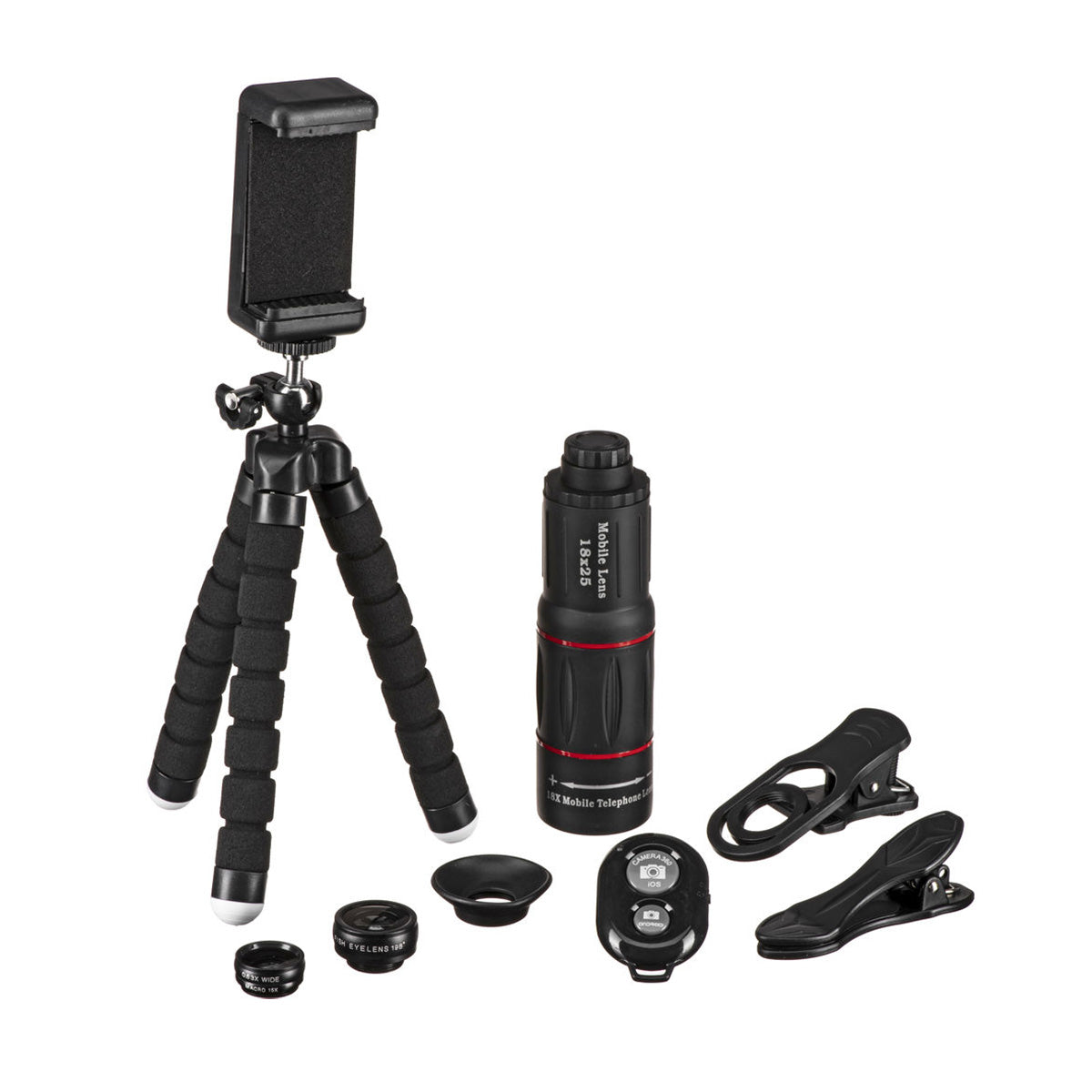 Kit Apexel 4 in 1 pentru telefon cu lentile foto, clip universal si trepied pentru fotografii si filmari mobile