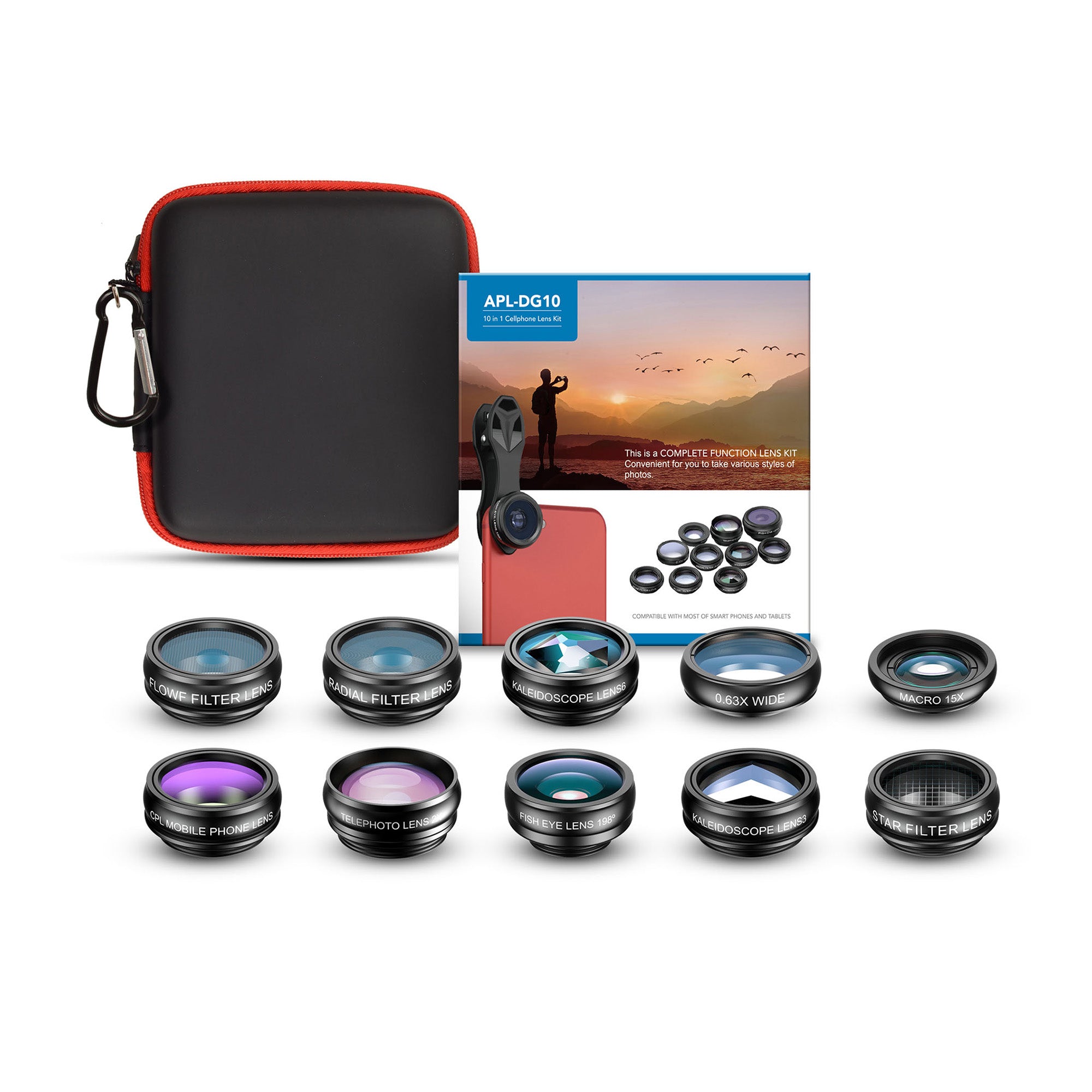 Kit complet Apexel 10 in 1 pentru telefon cu toate lentilele incluse, clip universal si husa de transport