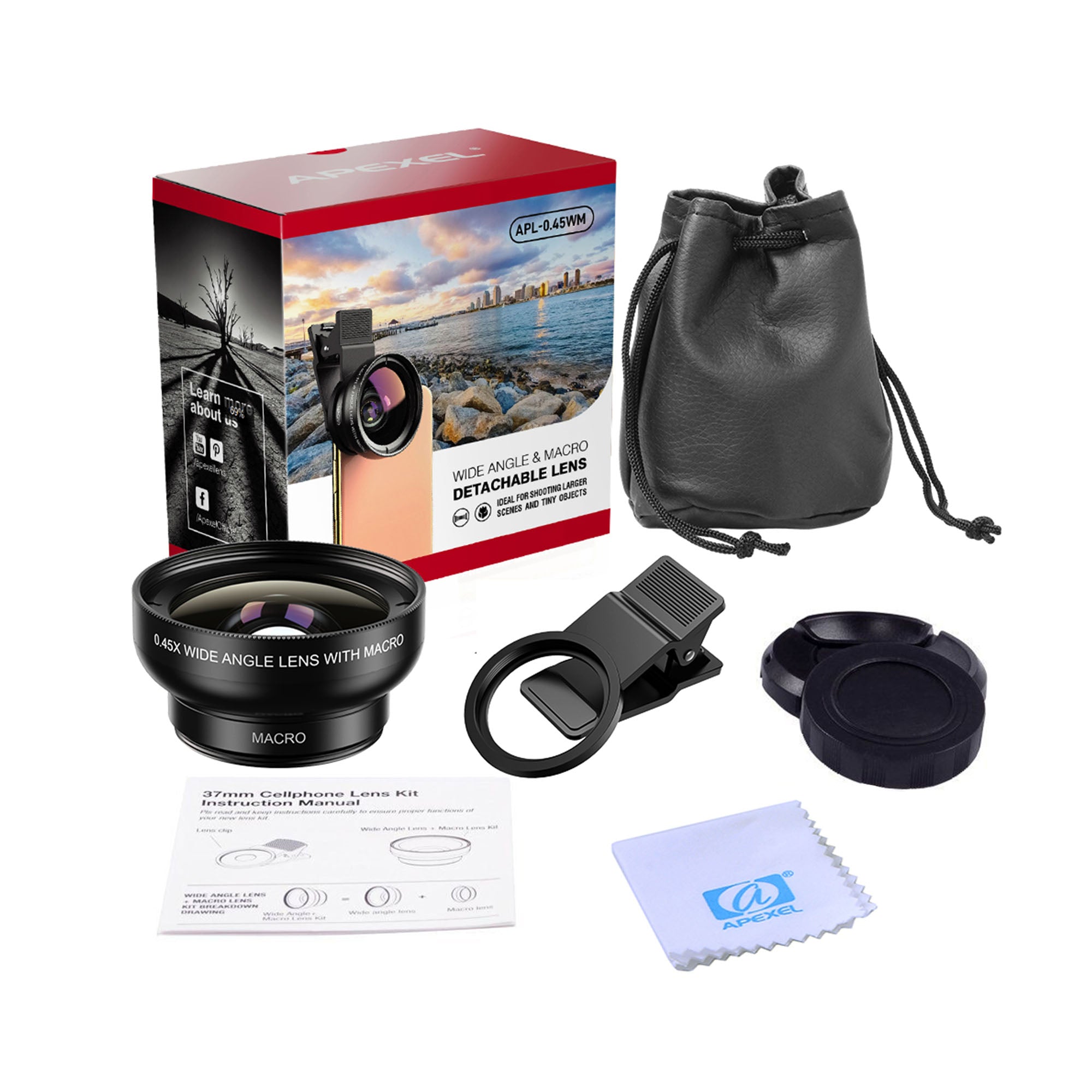 Kit complet Apexel 2 in 1 pentru telefon, cu lentila 12.5X Macro, 0.45X Wide Angle, clip universal si accesorii de utilizare