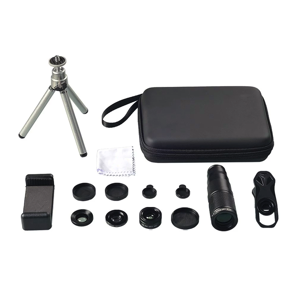 Kit complet Apexel 4 in 1 pentru telefon cu lentile Telephoto 22X, Fisheye 205°, Wide 120°, Macro 25X, trepied, suport si husa