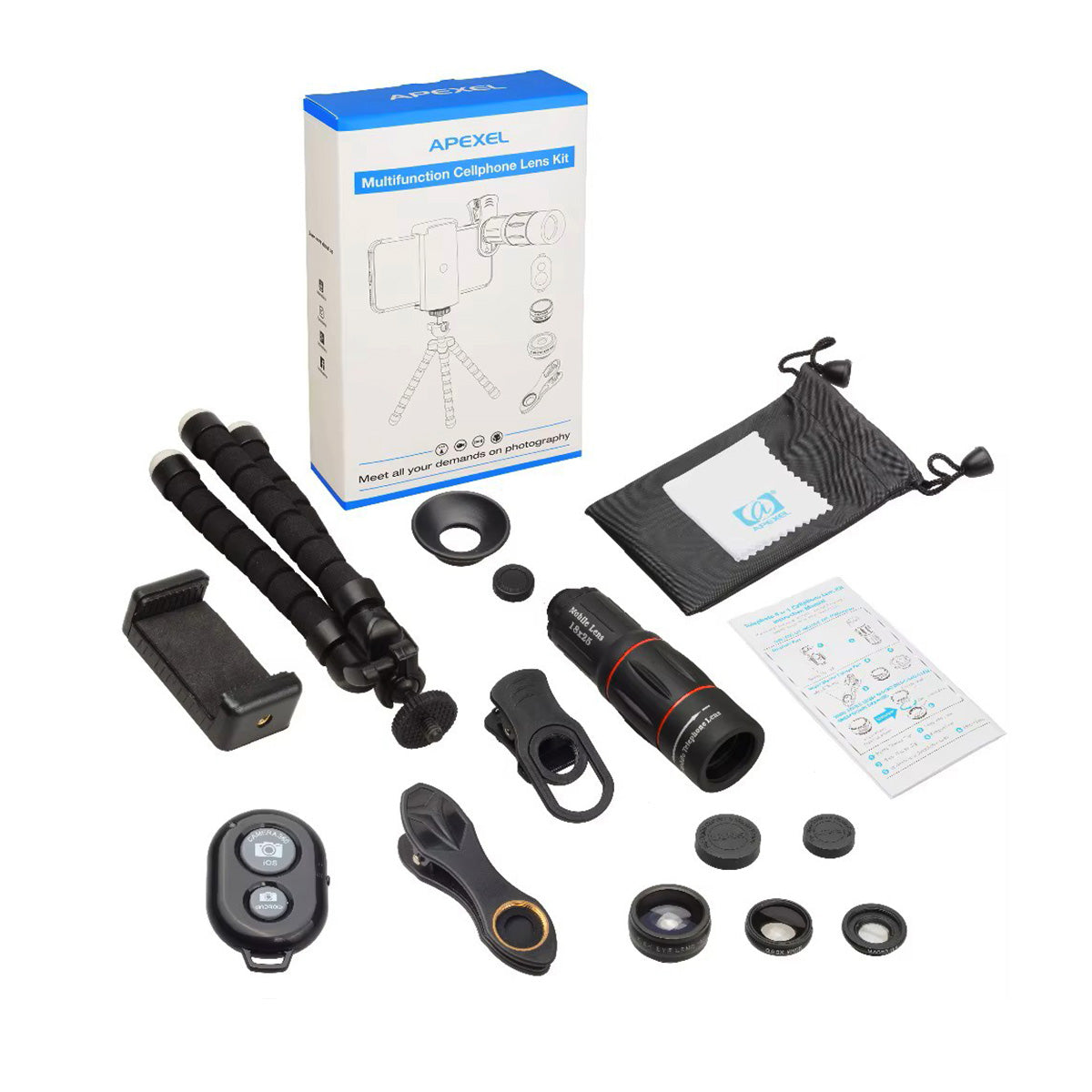 Kit complet Apexel 4 in 1 pentru telefon cu Telephoto 18X, Fisheye, Wide Angle, Macro, clip universal si trepied