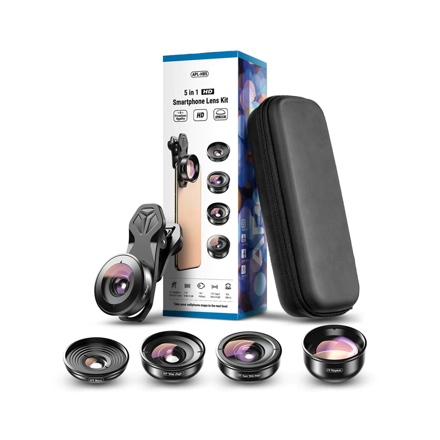 Kit complet Apexel 5 in 1 pentru telefon, cu lentile Portret 2X, Macro 10X, Wide, Super Wide, Fisheye si clip universal