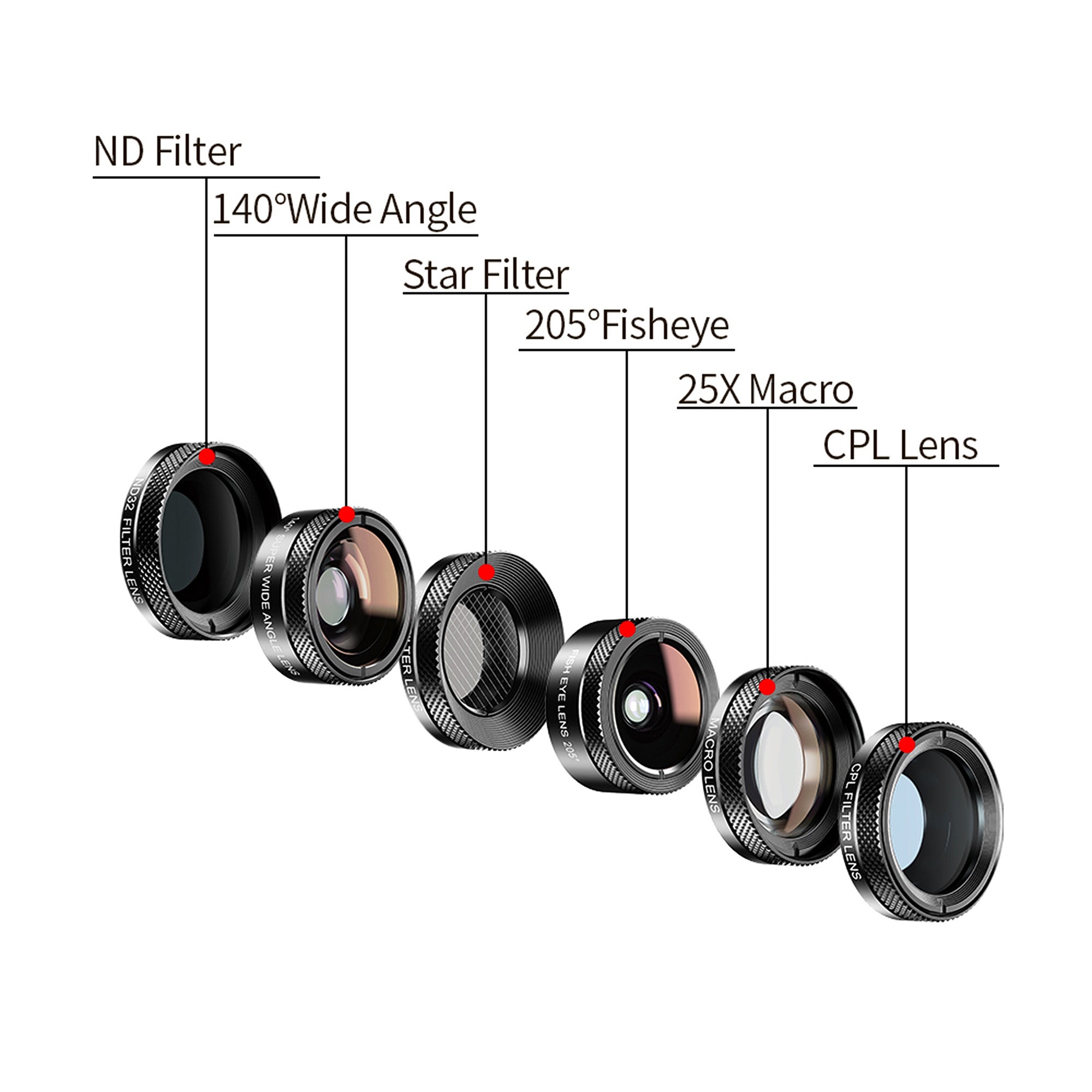Kit complet Apexel 6 in 1 pentru telefon cu toate lentilele si filtrele incluse: ND32, 140° Wide, Star, 205° Fisheye, 25X Macro, CPL si clip universal