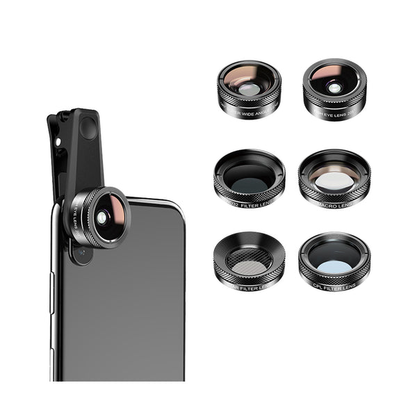 Kit lentile si filtre Apexel 6 in 1 pentru telefon cu ND32, 140° Wide Angle, Star, 205° Fisheye, 25X Macro si CPL