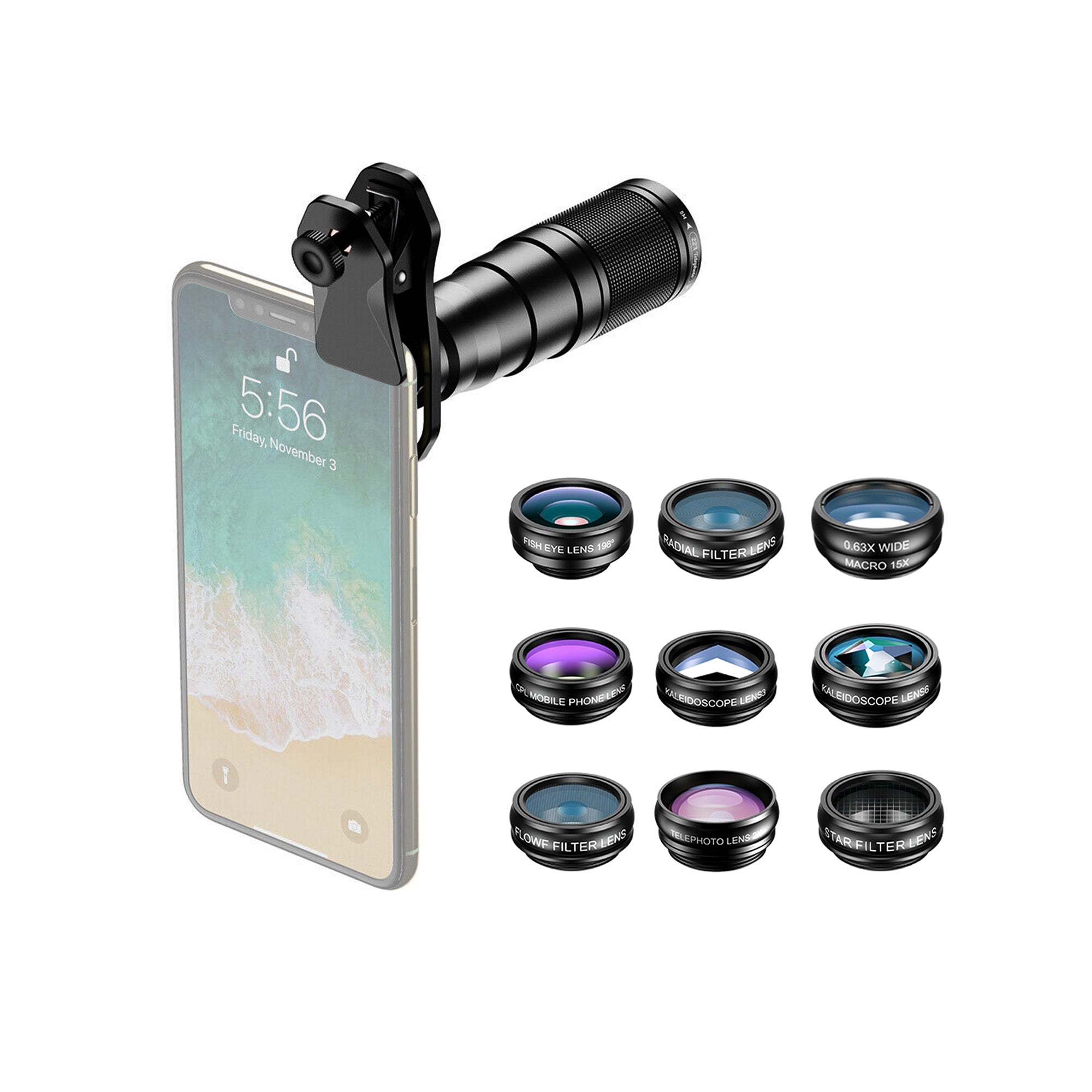 Kit lentile Apexel 10 in 1 pentru telefon, cu Telephoto 22X, Fisheye 198°, Wide 0.63X, Macro 15X, CPL si filtre creative