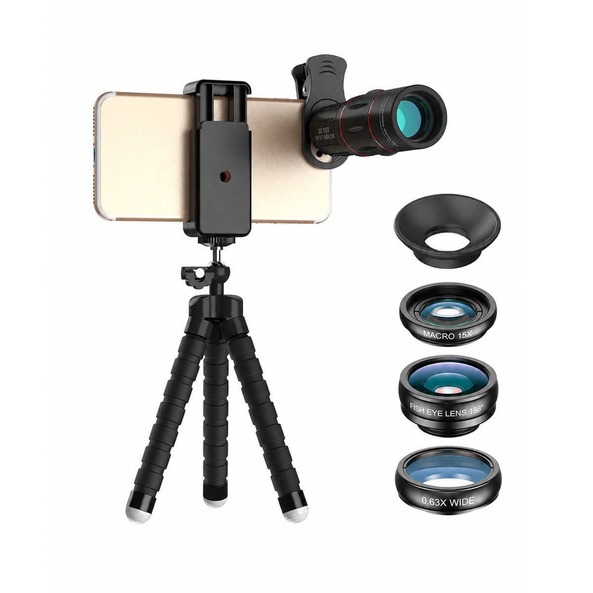 Kit lentile Apexel 4 in 1 pentru telefon cu Telephoto 18X, Fisheye, Wide Angle, Macro, clip universal si trepied
