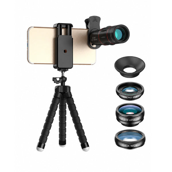Kit lentile Apexel 4 in 1 pentru telefon cu Telephoto 18X, Fisheye, Wide Angle, Macro, clip universal si trepied