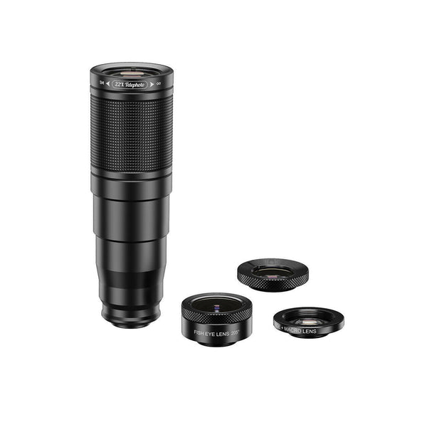 Kit lentile Apexel 4 in 1 pentru telefon, cu Telephoto 22X, Macro 25X, Wide 120°, Fisheye 205°, trepied si clip reglabil
