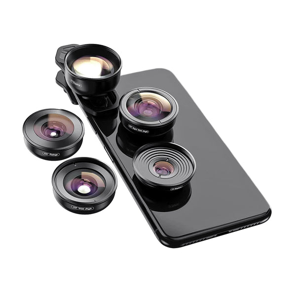 Kit lentile telefon Apexel 5 in 1 cu 10X Macro, 2X Telephoto, Wide Angle, Super Wide, Fisheye si clip universal