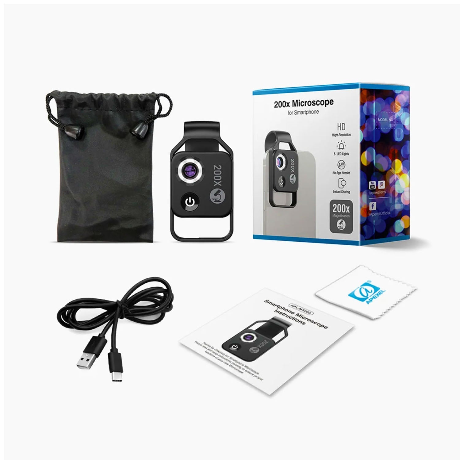 Kit complet lentila microscop Apexel 200X pentru smartphone, cu LED, clip universal si accesorii de utilizare