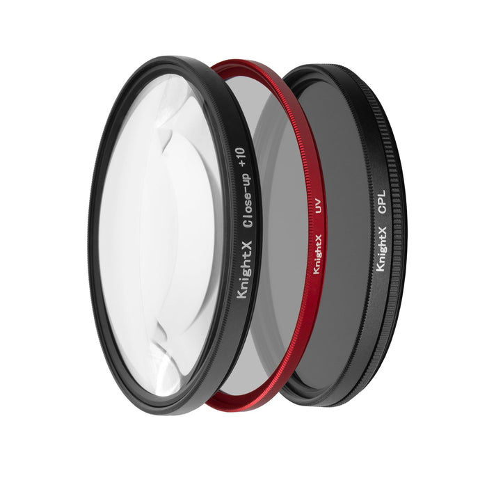 Set Filtre Foto 77mm, UV, CPL, CloseUp Macro +10 - KnightX Entuziast Red + Husa si Laveta Cadou