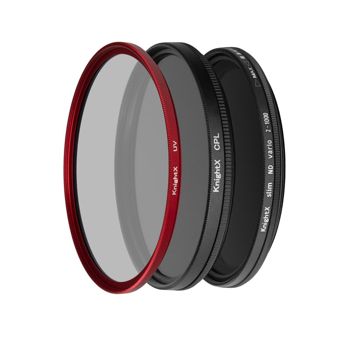 Set Filtre Foto 55mm, UV, CPL, ND2-ND1000 Vario - KnightX Creativ Red + Husa si Laveta Cadou