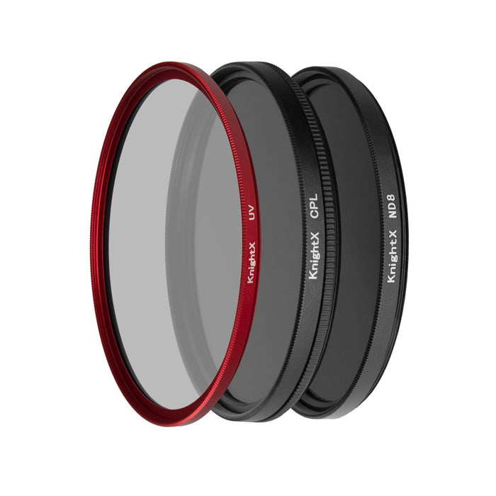 Set Filtre Foto 52mm, UV, CPL, ND8 - KnightX Esential Red + Husa si Laveta Cadou