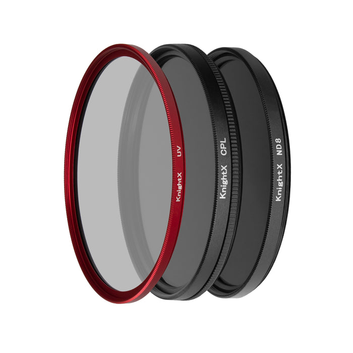 Set Filtre Foto 58mm, UV, CPL, ND8 - KnightX Esential Red + Husa si Laveta Cadou