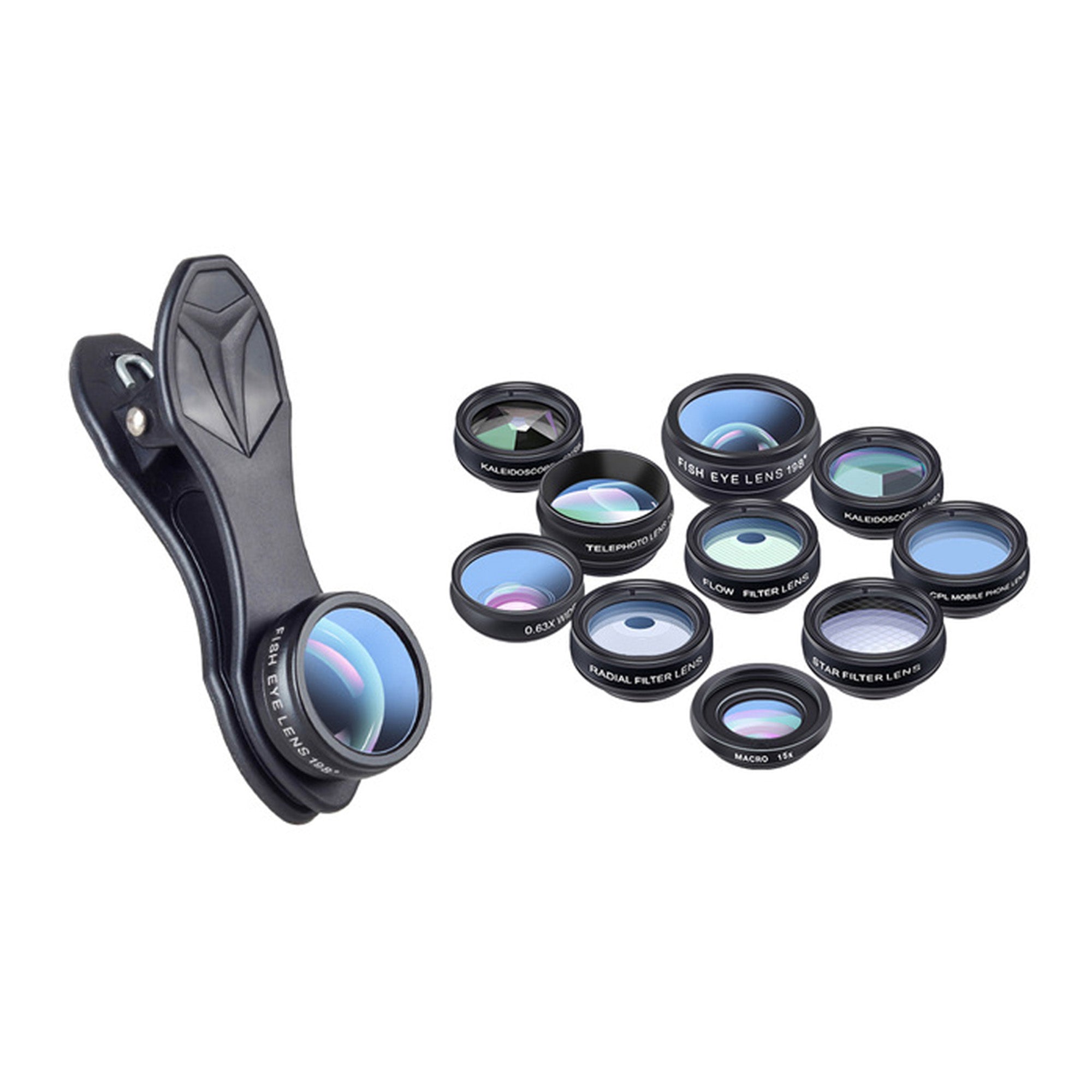 Set lentile Apexel 10 in 1 pentru telefon cu Telephoto 2X, Fisheye 198°, Wide 0.63X, Macro 15X, CPL si filtre creative
